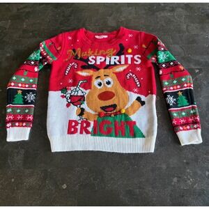 No Boundaries Christmas Reindeer Sweater Women's M 7-9 Red Wine Festive Sweater